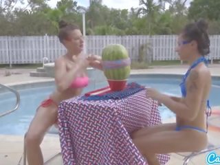 Camsoda teens with big ass and big tits initiate a watermelon explode with rubber ba